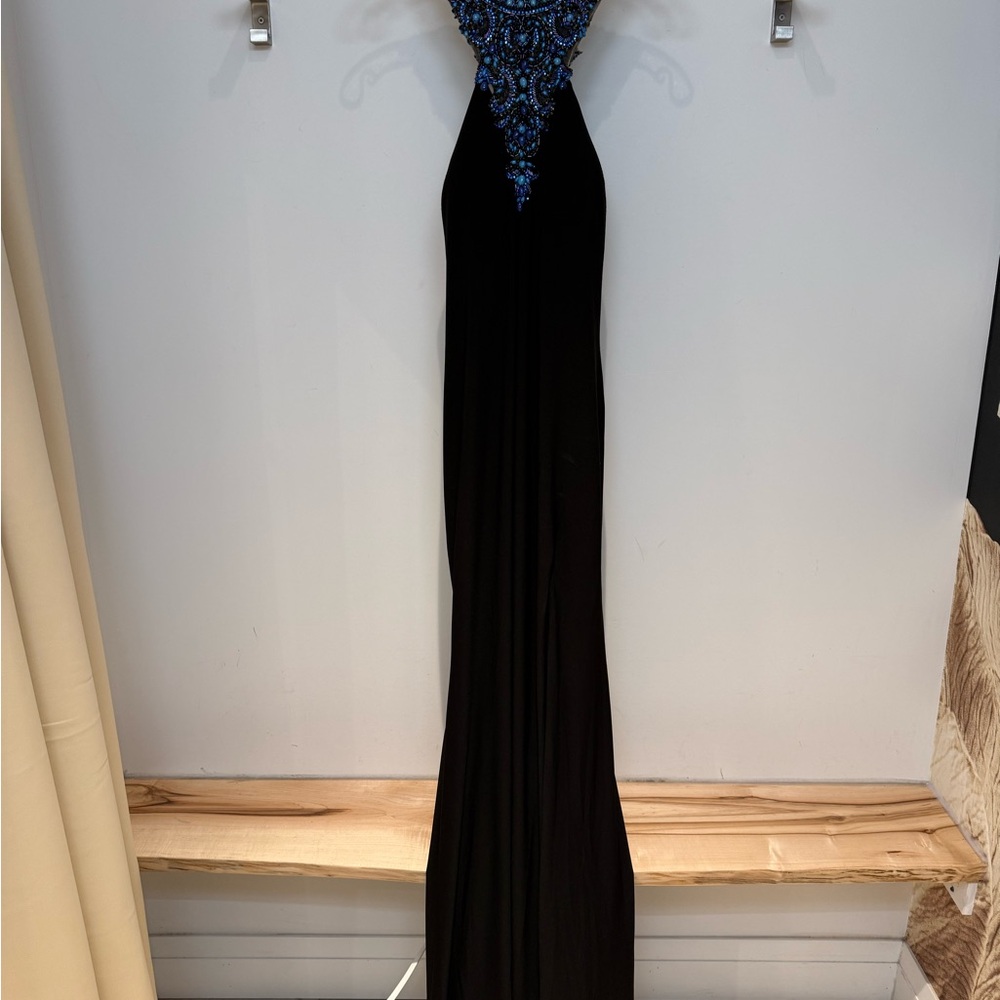 Tony Bowls Black Gown with Blue Embellishments